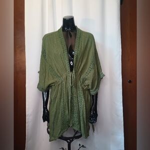 Bcbg Max Azria Y2K Forest Fairy Open Kimono Cardigan OS Green Crochet Boho